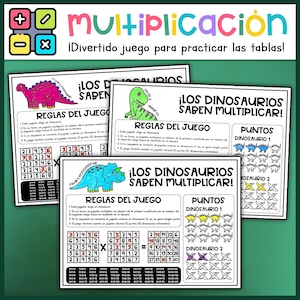 Puede incluir: Tarjetas de juego educativas tituladas "Multiplicación" con texto colorido e ilustraciones de dinosaurios. Las tarjetas presentan problemas de multiplicación y reglas del juego en español. El juego está diseñado para ayudar a los niños a practicar las tablas de multiplicar.