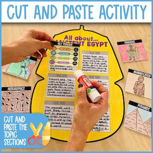 May include: A hands-on educational activity titled "Cut and Paste Activity" about Ancient Egypt. The yellow poster features key periods, text, and "Glue Here" sections. Small cards with illustrations of pharaohs, mummies, and pyramids are included.