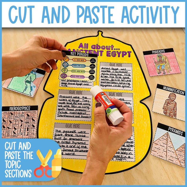 May include: A hands-on educational activity titled "Cut and Paste Activity" about Ancient Egypt. The yellow poster features key periods, text, and "Glue Here" sections. Small cards with illustrations of pharaohs, mummies, and pyramids are included.