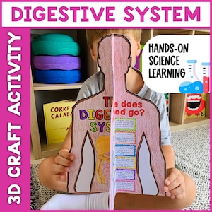 May include: A 3D craft activity of the digestive system, held by a person. The craft is a cutout of a human body with labeled internal organs and text. The words "DIGESTIVE SYSTEM" and "HANDS-ON SCIENCE LEARNING" are also visible.