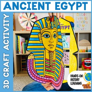 Puede incluir: Una colorida actividad de manualidades 3D con el busto de un faraón del Antiguo Egipto. La manualidad tiene un fondo amarillo con rayas azules y amarillas, y el texto "ANCIENT EGYPT" y "3D CRAFT ACTIVITY". Diseñado para el aprendizaje práctico de la historia.