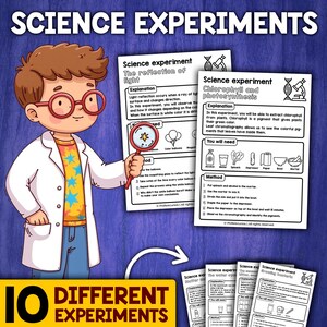 May include: A printable worksheet with instructions for 10 different science experiments for kids. The worksheet includes illustrations and text explaining the science behind each experiment. The experiments include topics like light reflection, chlorophyll and photosynthesis, and more.