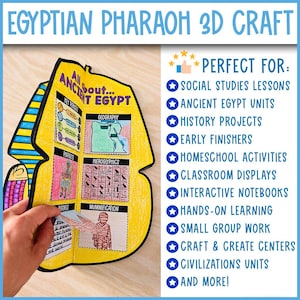May include: A yellow and blue Egyptian Pharaoh 3D craft project. The craft features sections on geography, hieroglyphics, and mummification. Text on the craft reads "All About Ancient Egypt" and "Egyptian Pharaoh 3D Craft".