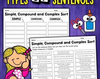 May include: Educational worksheet titled "Types of Sentences" with sections for simple, compound, and complex sentences. Includes a cartoon girl, scissors, and glue. The worksheet is designed for sorting sentences.