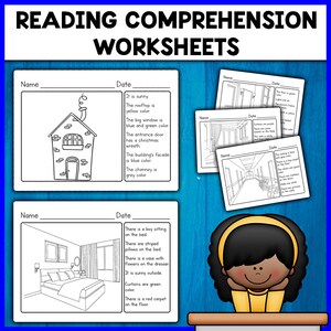 Puede incluir: Hojas de trabajo de comprensión lectora imprimibles en blanco y negro para niños. Las hojas de trabajo presentan ilustraciones simples de una casa, un dormitorio y un pasillo. Cada hoja de trabajo incluye un breve pasaje de texto que describe la escena y un espacio en blanco para que el niño escriba su nombre y la fecha.