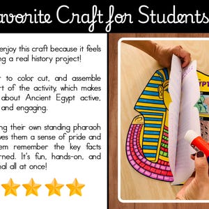May include: A colorful Ancient Egypt craft for students. The image shows a pharaoh model being assembled with a glue stick. The text reads "A Favorite Craft for Students" and describes the activity as fun, hands-on, and educational.