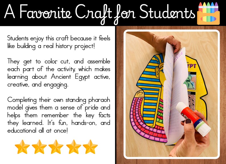 May include: A colorful Ancient Egypt craft for students. The image shows a pharaoh model being assembled with a glue stick. The text reads "A Favorite Craft for Students" and describes the activity as fun, hands-on, and educational.