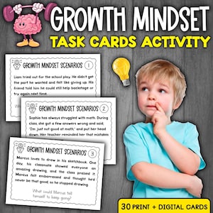 Puede incluir: Un conjunto de 30 tarjetas de tareas imprimibles para una actividad de mentalidad de crecimiento. Las tarjetas presentan ilustraciones coloridas y texto que anima a los estudiantes a pensar en sus desafíos y cómo superarlos. Las tarjetas están diseñadas para ayudar a los estudiantes a desarrollar una actitud positiva hacia el aprendizaje y a aceptar los errores como oportunidades de crecimiento.