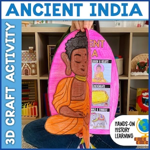 Peut inclure: Activité de bricolage 3D intitulée "Inde Ancienne", avec un fond rose et un dessin de Bouddha en robes orange. Le texte comprend "Religion & Croyances", "Réalisations" et "Animaux & Symboles". Les mots "Apprentissage de l'histoire pratique" sont également visibles.
