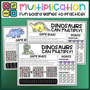 Puede incluir: Juego de mesa educativo titulado "Multiplicación: ¡Juegos de mesa divertidos para practicar!" con problemas de multiplicación con temática de dinosaurios. El juego incluye reglas, sistemas de puntos y tablas de multiplicación.