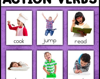 Action Verbs Flashcards for Autism | Speech Therapy ESL Vocabulary Real Pictures | Action verbs printable cards with real images