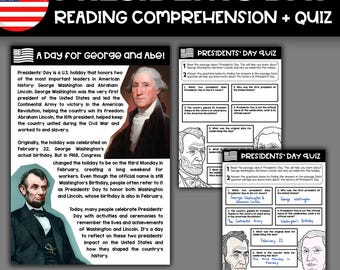 May include: A black and white printable worksheet for a Presidents' Day reading comprehension and quiz. The worksheet features illustrations of George Washington and Abraham Lincoln, along with text about the history of Presidents' Day and questions about the holiday.