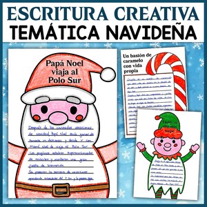 Könnte beinhalten: Ein weihnachtliches Arbeitsblatt mit dem Titel "Kreatives Schreiben: Weihnachtsthema". Das Bild zeigt Illustrationen von Santa Claus, einer Zuckerstange und einem Elf, zusammen mit handschriftlichem Text auf Spanisch.