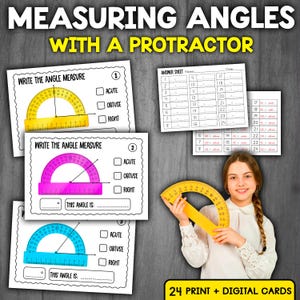 May include: Educational printable cards for measuring angles with a protractor. The image shows worksheets with protractors in yellow, pink, and blue, along with an answer sheet. The text reads "Measuring Angles with a Protractor" and "24 Print + Digital Cards."