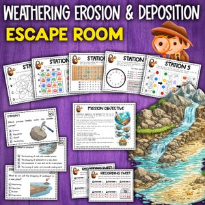 Może przedstawiać: Zestaw materiałów edukacyjnych do Escape Roomu o wietrzeniu, erozji i depozycji. Obraz przedstawia różne karty stacji z łamigłówkami, cel misji i arkusz rejestracyjny. Tytuł "ESCAPE ROOM" jest w kolorze żółtym.