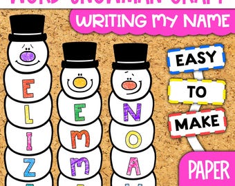 May include: A printable craft activity for kids to write their name using a snowman template. The snowman is made of six white circles with letters on each circle. The letters spell out the names "ELIZA", "EMMA", and "NOAH". The craft is easy to make and uses paper.