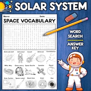 Puede incluir: Una hoja de trabajo imprimible en blanco y negro con un crucigrama de palabras sobre el sistema solar. El crucigrama incluye palabras como "asteroide", "cometa", "astronauta", "transbordador espacial", "planeta", "galaxia", "observatorio", "agujero negro", "órbita" y "estrella".