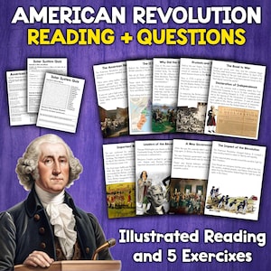 May include: A colorful illustrated reading resource for learning about the American Revolution. The resource includes a variety of activities, such as quizzes, word searches, and reading passages. The image features a portrait of George Washington, the first president of the United States, and a variety of other historical figures and events.