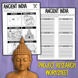 以下が含まれることがあります： 木製の仏像が、"ANCIENT INDIA"というタイトルの2つの白黒ワークシートの前にあります。ワークシートには、地理、動物、貿易、建築、宗教、成果について書くためのイラストと線があります。"PROJECT RESEARCH WORKSHEET"という言葉が一番下にあります。