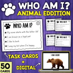 Puede incluir: Un conjunto de 50 tarjetas de tareas para un juego de adivinanzas de animales llamado "¿Quién soy yo?" Las tarjetas presentan pistas sobre diferentes animales, como "Mi nombre comienza con la letra /d/" y "Soy conocido como una mascota leal". Las tarjetas están diseñadas para su uso en el aula o en casa. La imagen también muestra una versión digital del juego, que se puede usar en una computadora o tableta.