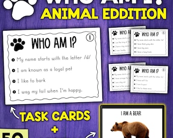 Who Am I Activity | Animals Version | Animal Guessing Task Cards Game | Animal Riddles Activity