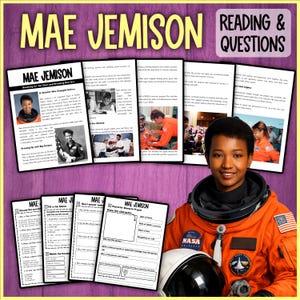 May include: An image featuring the text "MAE JEMISON" and reading materials about the astronaut. A woman in an orange NASA spacesuit smiles, holding a helmet. The image includes reading and questions about Mae Jemison.