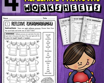 May include: Educational worksheet titled "Reflexive Pronouns" with instructions and examples. The worksheet features t-shirt illustrations for filling in the blanks, along with a word bank. A cartoon student is shown at a desk, holding a red pencil.