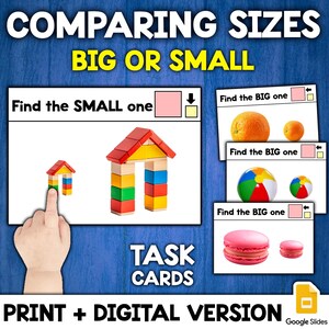 May include: A set of task cards for comparing sizes. The cards feature colorful images of objects, such as a house, a ball, and a macaron, and ask the user to identify the bigger or smaller object. The cards are labeled "Find the BIG one" and "Find the SMALL one". The text "TASK CARDS" is printed in large letters at the bottom of the image.