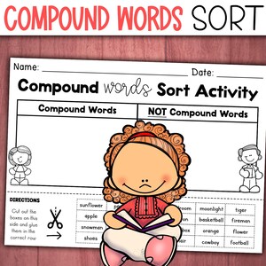 Pode incluir: Uma folha de trabalho educativa para crianças, intitulada "Compound Words Sort Activity". Apresenta secções para palavras compostas e não compostas, com palavras como "girassol", "maçã" e "boneco de neve". O texto "Compound Words Sort" está no topo.