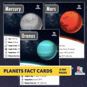 May include: Eight colorful fact cards about the planets in our solar system. Each card features a planet illustration, its name, and key facts about its size, moons, length of year, length of day, temperature, and distance from the sun. The cards are designed for educational purposes.