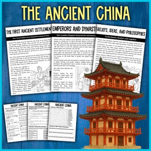 May include: Educational materials about Ancient China, featuring text and illustrations. Includes information on settlements, emperors, dynasties, beliefs, ideas, and philosophies. A detailed, multi-tiered pagoda is also shown.