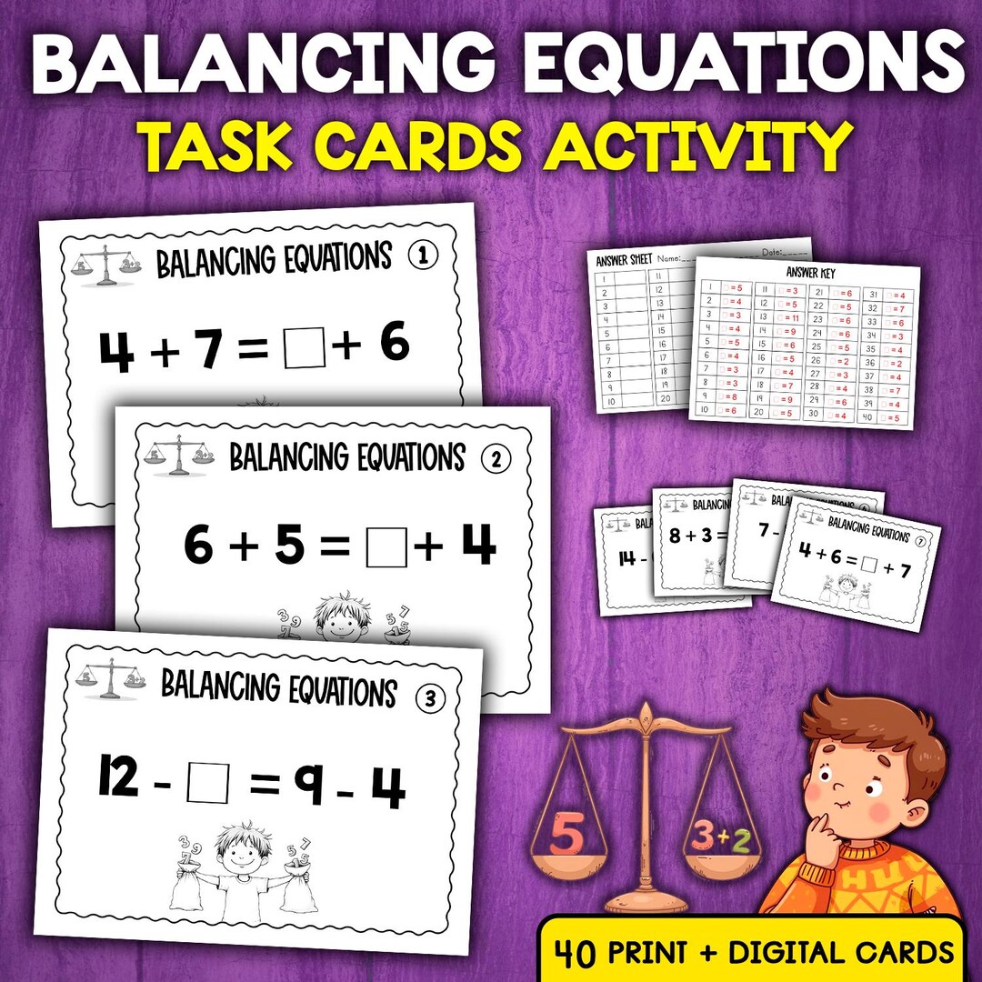 Balancing One Step Equations Task Cards Activity Addition & Subtraction ...
