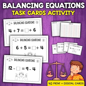 Puede incluir: Un conjunto de 40 tarjetas de tareas imprimibles y digitales para equilibrar ecuaciones. Las tarjetas presentan una balanza con números a cada lado y un personaje de dibujos animados que sostiene bolsas de números. El texto en las tarjetas dice "Ecuaciones de equilibrio".