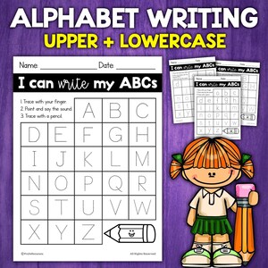 Puede incluir: Una hoja de trabajo imprimible en blanco y negro con una cuadrícula de letras mayúsculas para trazar. La hoja de trabajo tiene el título "Puedo escribir mi ABC" e instrucciones para trazar con un dedo, señalar y decir el sonido, y trazar con un lápiz. Un lápiz sonriente está en la esquina inferior derecha.