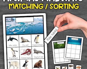 May include: A printable educational game for children featuring animal habitats. The game includes cards with pictures of animals such as a killer whale, fur seal, emperor penguin, king penguin, colossal squid, elephant seal, polar bear, puffin, and walrus. The cards are labelled with the animal's name and the habitat they live in, such as polar habitat, rainforest, and ocean habitat.
