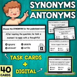 Synonyms and Antonyms Activity | Context Clues Task Cards | Synonyms and Antonyms Game