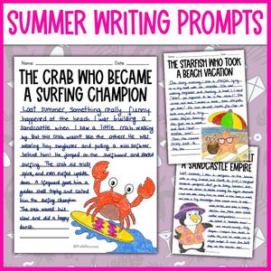 Può includere: Un foglio di lavoro con bordo rosa intitolato "SUMMER WRITING PROMPTS" con tre brevi storie illustrate. Una storia presenta un granchio che fa surf, un'altra una stella marina in vacanza e l'ultima un pinguino che costruisce un castello di sabbia.