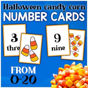 Puede incluir: Cartas de números de maíz dulce de Halloween del 0 al 20. Las cartas muestran un número y la palabra para el número, junto con una imagen de maíz dulce.