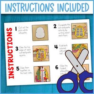 May include: A blue and white instructional sheet with the words "INSTRUCTIONS INCLUDED" at the top. The sheet shows step-by-step instructions for a cut-and-paste activity, including images of scissors and a completed project.