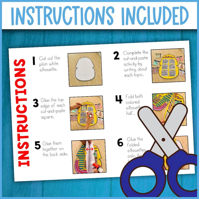 May include: A blue and white instructional sheet with the words "INSTRUCTIONS INCLUDED" at the top. The sheet shows step-by-step instructions for a cut-and-paste activity, including images of scissors and a completed project.