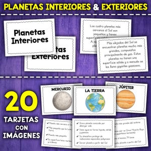 May include: A collection of 20 flashcards featuring images and text about planets. The cards are white with black text and illustrations of planets such as Mercury, Earth, and Jupiter. The title reads "Planetas Interiores & Exteriores".