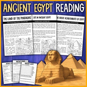 May include: An educational poster about Ancient Egypt, with text and illustrations. The image includes sections on the land of the Pharaohs, daily life, and great achievements. A large Sphinx statue and pyramids are also visible.