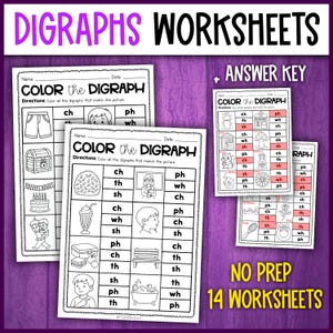 May include: Black and white printable worksheets for children to practise identifying and colouring digraphs. The worksheets feature various images and a grid of digraphs. The title of the worksheet is "Colour the Digraph".