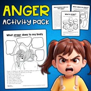 May include: A printable activity pack for children to learn about anger. The pack includes a worksheet with a mirror and thought bubbles to help children identify what anger does to their body. There is also a worksheet with a list of situations that can make someone feel angry and a worksheet with a list of things that make someone angry. The pack also includes a worksheet with a cartoon girl with an angry expression and a thought bubble that says "Anger can make you feel..." with a list of words like annoyed, frustrated, and furious.
