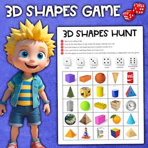 Puede incluir: Un tablero de juego colorido con un tema de búsqueda de formas 3D. El tablero tiene una cuadrícula de 25 cuadrados, cada uno con una forma 3D diferente. El juego incluye un conjunto de dados con diferentes números de puntos en cada lado. El juego está diseñado para que los niños aprendan sobre las formas 3D.