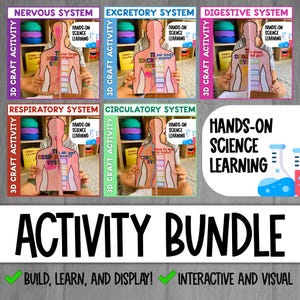 Puede incluir: Un paquete de actividades de aprendizaje de ciencias con proyectos de manualidades 3D de los sistemas del cuerpo humano. La imagen muestra proyectos para los sistemas nervioso, excretor, digestivo, respiratorio y circulatorio. El texto dice "Hands-On Science Learning" y "Activity Bundle".
