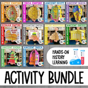 Könnte beinhalten: Eine Sammlung von lehrreichen 3D-Bastelaktivitäts-Kits mit historischen Imperien und Zivilisationen. Jedes Kit enthält ein farbenfrohes, illustriertes Modell eines historischen Bauwerks oder Artefakts, wie das Aztekenreich, das alte Ägypten und das alte China. Der Text "ACTIVITY BUNDLE" steht unten.