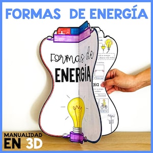 May include: A handmade educational 3D craft titled "FORMS OF ENERGY" in Spanish. The craft features a lightbulb illustration, diagrams, and the text "MANUALIDAD EN 3D". The design includes blue, purple, yellow, and red colours.