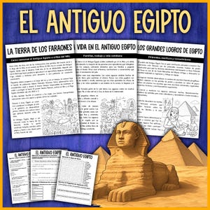 Puede incluir: Un póster educativo amarillo y azul titulado "EL ANTIGUO EGIPTO" con texto e ilustraciones sobre el antiguo Egipto. La imagen incluye la Esfinge, pirámides y hojas de trabajo.