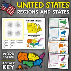 US Regions Activity | Regions + States Word Search Puzzles | USA Geography Activities
